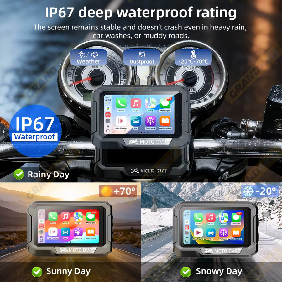 Grandnavi Tragbare 3,4 Zoll Motorrad GPS Navigation mit Wireless CarPlay und Android Auto, DVR Stick Recorder mit WIFI, IP67 Wasserdicht, Schwarz - Bild 6