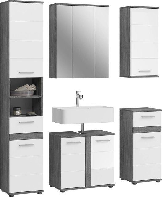 xonox.home Badmöbel-Set Blake 5-teilig in Weiß Hochglanz mit Rauchsilber-Details, B/H/T: 164 x 191 x 34 cm - Bild 1
