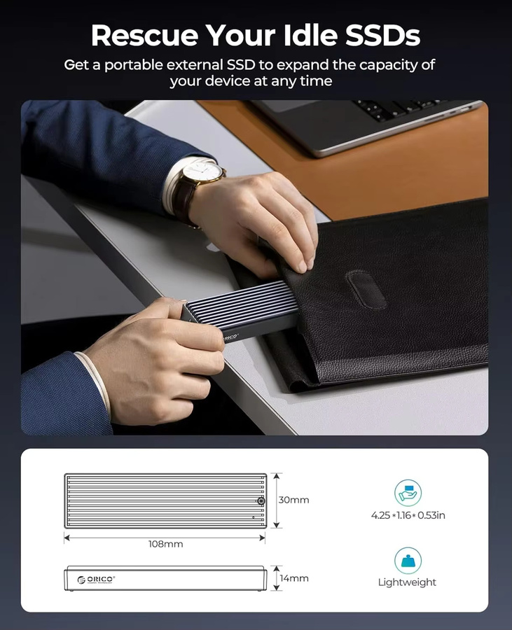 ORICO M.2 NVMe SSD-Gehäuse USB 3.1 Gen 2 PCIe Externer Adapter für 2230/2242/2260/2280 M.2 SSD bis zu 8 TB mit USB-C Anschluss - Bild 5