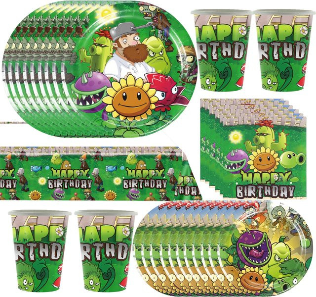 Potdemiel Plants vs. Zombies Geburtstagsparty-Set für Kinder mit buntem Pappgeschirr, Tischdecke, Servietten und 3D-Ballons - Bild 1