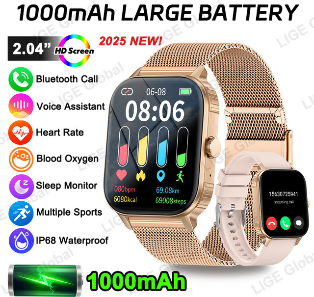 LIGE Smartwatch für Damen und Herren mit 2,04 Zoll HD-Display, Bluetooth-Anruffunktion, Herzfrequenz- und Blutsauerstoffmessung, Weiß mit Milanaise-Armband - Bild 1