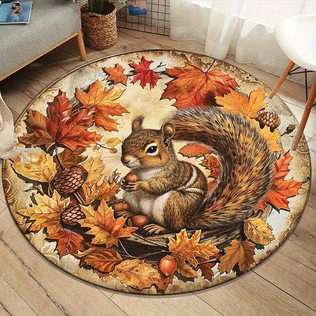 Runde Bodenmatte WEN-july mit Eichhörnchen- und Herbstlaub-Muster, rutschfest und weich aus Polyester, Mehrfarbig, Durchmesser: 120 cm - Bild 1