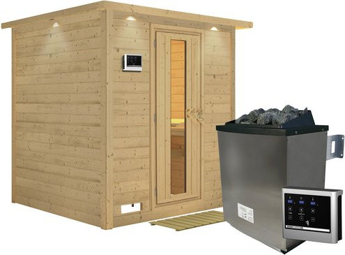 Karibu Sauna Sindi aus Fichtenholz mit 9 kW Saunaofen und externer Steuerung für 4 Personen, Farbe: beige - Bild 1