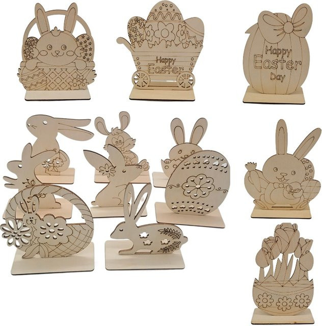 Handgemachtes Holz-Osterornament in Beige mit Kaninchen- und Ei-Motiven für deine Tischdekoration oder als DIY-Malprojekt für Kinder - Bild 1