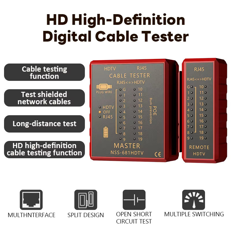 SHOYEE Multifunktionaler Netzwerkkabeltester mit HDMI-Kompatibilität für RJ45 8P8C LAN POE und RJ11 Telefonleitung in Rot - Bild 3