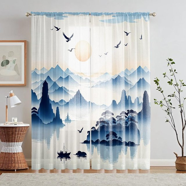 2-teiliges Set dekorative Vorhänge mit nebelblauem orientalischem Landschaftsmotiv in Weiß und Blau, B: 132 cm, H: 160 cm - Bild 1