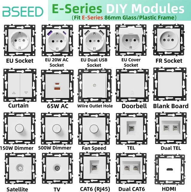 Bseed E-Serie 86mm DIY-Modul in Weiß: USB-Typ-C Buchse, Dimmer, Geschwindigkeitsregler, Vorhangschalter und RJ56 CAT6 Kabelausgang für EU FR Typ-C - Bild 1
