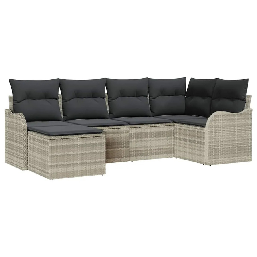 vidaXL Garten-Sofa-Set 6-teilig in L-Form mit Kissen und Ottoman, Hellgrau, Poly-Rattan und Metallrahmen - Bild 2