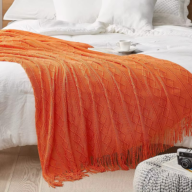 Inyahome Strickdecke mit Quasten in Orange und Weiß im Landhausstil, B/B/H: 172 x 127 cm - Bild 2