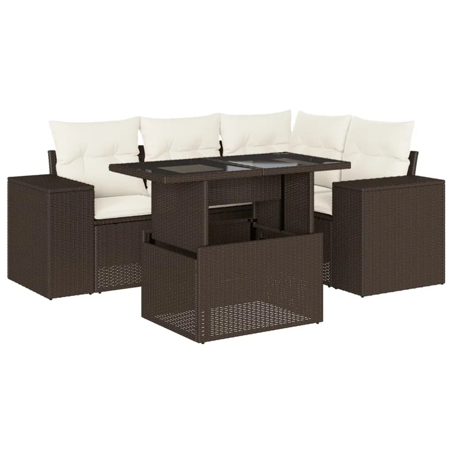 vidaXL 5-tlg. Garten-Sofagarnitur in L-Form mit Couchtisch und Kissen, Braun/Weiß, Poly-Rattan mit Metallgestell - Bild 2