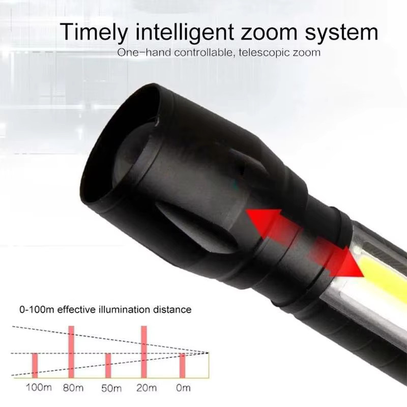 LED-Taschenlampe mit USB-Aufladung und Seitenlicht in Schwarz für Camping und Outdoor mit Teleskop-Zoom und COB-Funktion - Bild 5