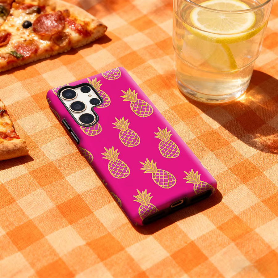 Rosa Handyhülle mit Ananas-Muster für Samsung Galaxy S25 Ultra, S24 und S23 Ultra Plus mit glänzender doppellagiger Rückseite - Bild 3