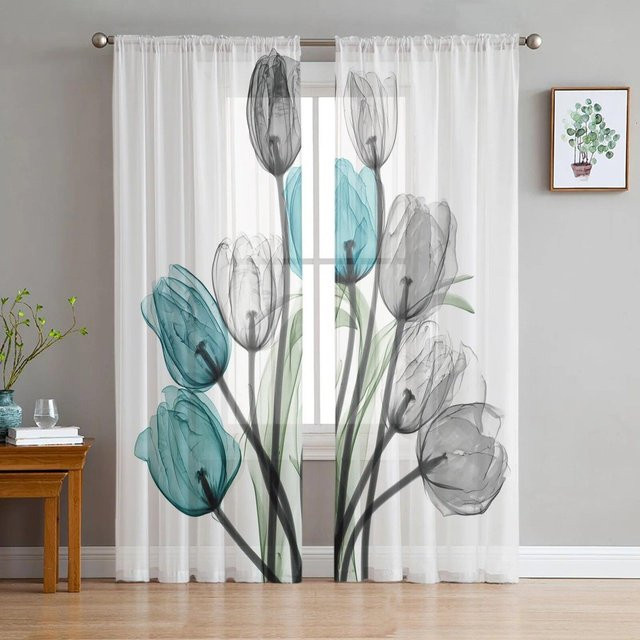A Family Of Home Textiles Türkise Tulpenblüten-Vorhänge aus Voile und Tüll, Weiß, Breite: 135 cm, Höhe: 114 cm - Bild 1