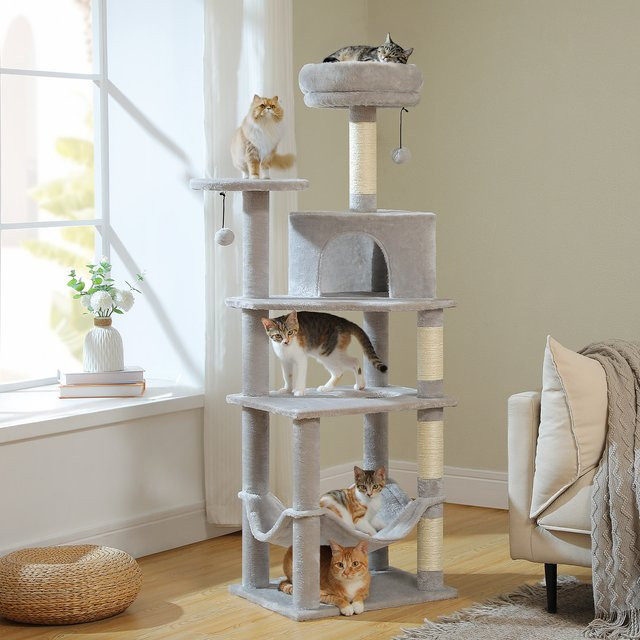 Mehrstufiger Kratzbaum von PAWZ Road für Katzen mit Höhle, Hängematte und Sisal-Elementen, Höhe: 140 cm, Breite: 58 cm - Bild 1