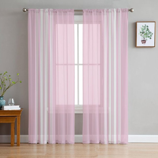 A Family Of Home Textiles Transparenten Tüll-Fenstervorhang Rosa Gestreift B: 135 cm, H: 160 cm - Bild 1