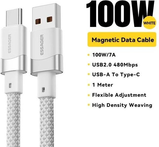 Essager 7A USB A auf Typ C Schnellladekabel 100 W magnetisches Anti-Wickel-Datenkabel in Weiß, Länge: 1 m - Bild 1