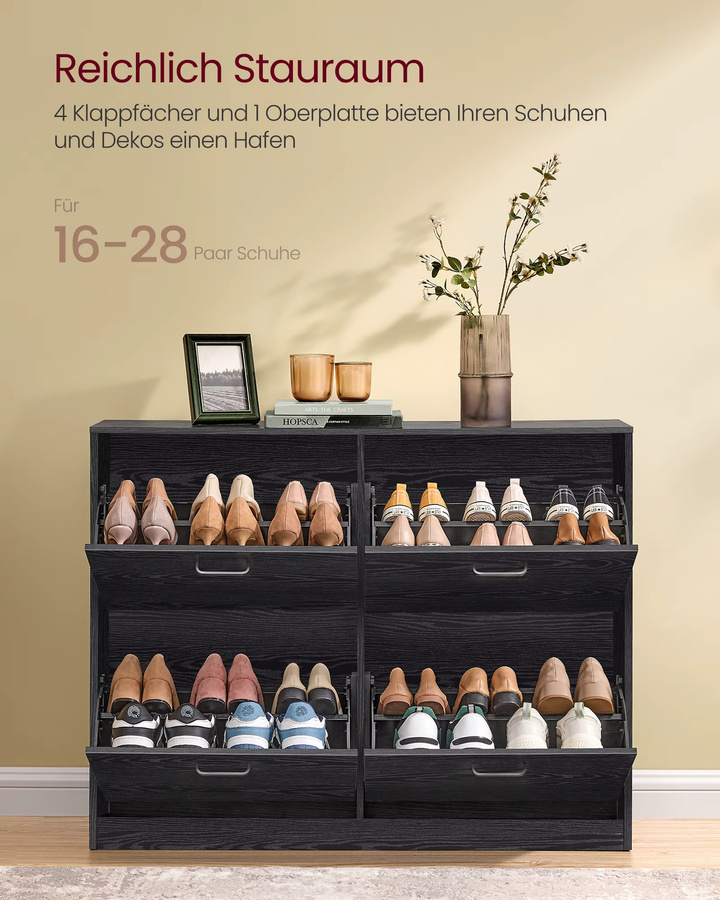 VASAGLE Schuhschrank mit 4 Klappen in Schwarz, moderner Schuhkipper für den Flur mit verstellbaren Trennwänden und Belüftung - Bild 2