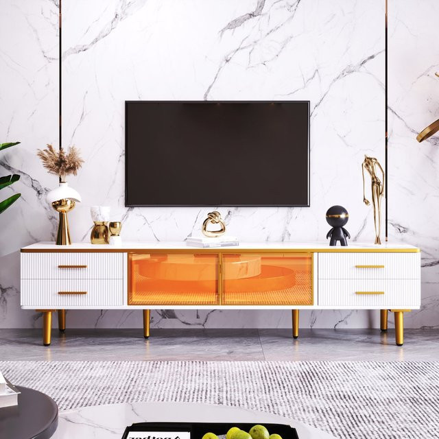 Moderner TV-Schrank mit LED-Beleuchtung von Aosom in Weiß und Gold mit 4 Schubladen und 2 Türen, Breite: 170 cm, Tiefe: 47 cm - Bild 1
