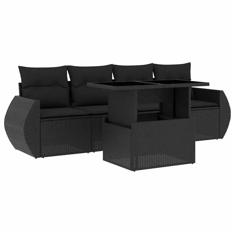 vidaXL 5-tlg Garten-Sofagarnitur aus Poly-Rattan in Schwarz mit Kissen und Gartentisch - Bild 2