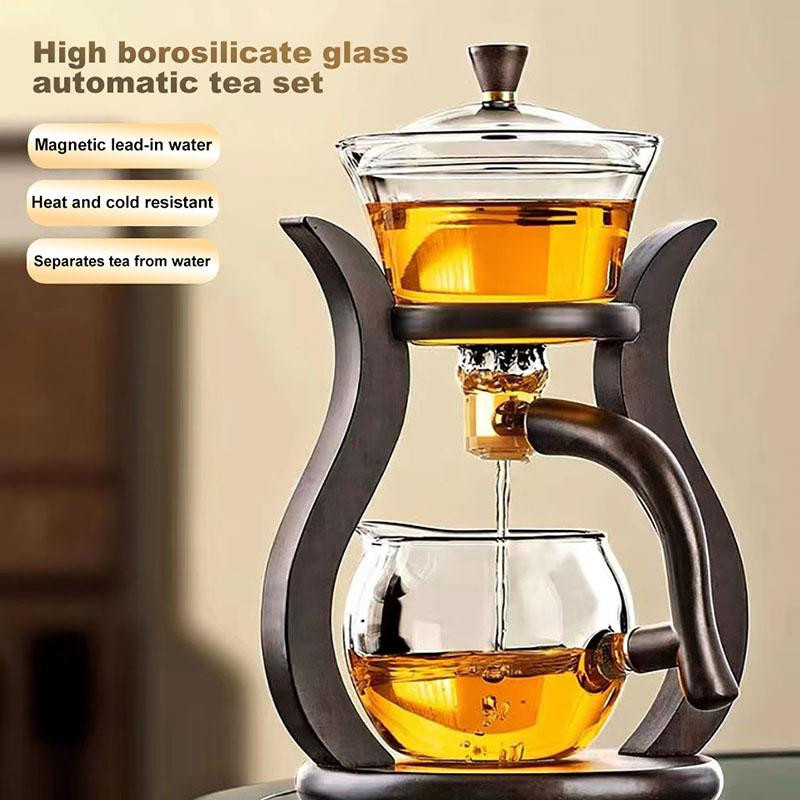 HOONRA Hitzebeständiges Glas Tee-Set mit Magnetischer Wasserableitung und Drehbarer Schale in Transparent und Braun - Bild 2