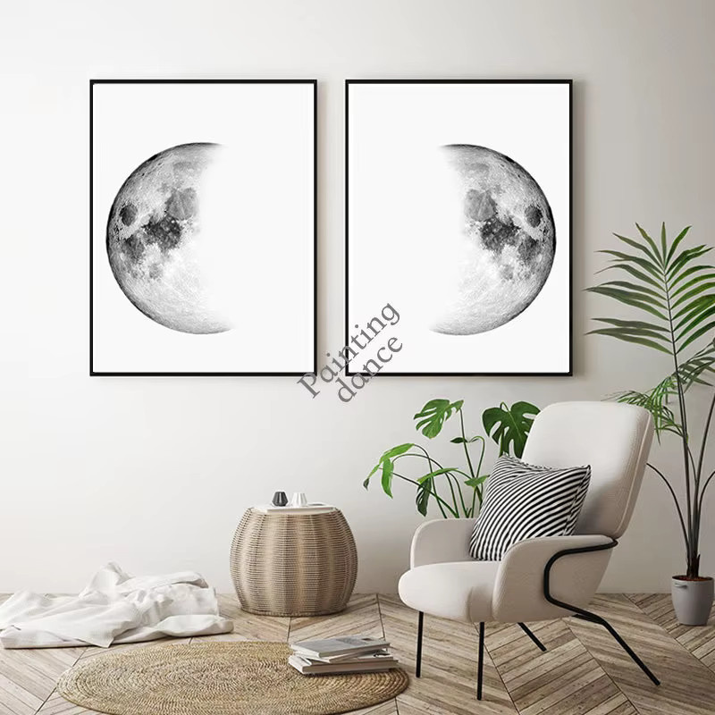 Minimalistisches Leinwandgemälde von Potdemiel mit Mondphasen und Erde in Schwarz-Weiß als Wandkunst im Portraitformat - Bild 2