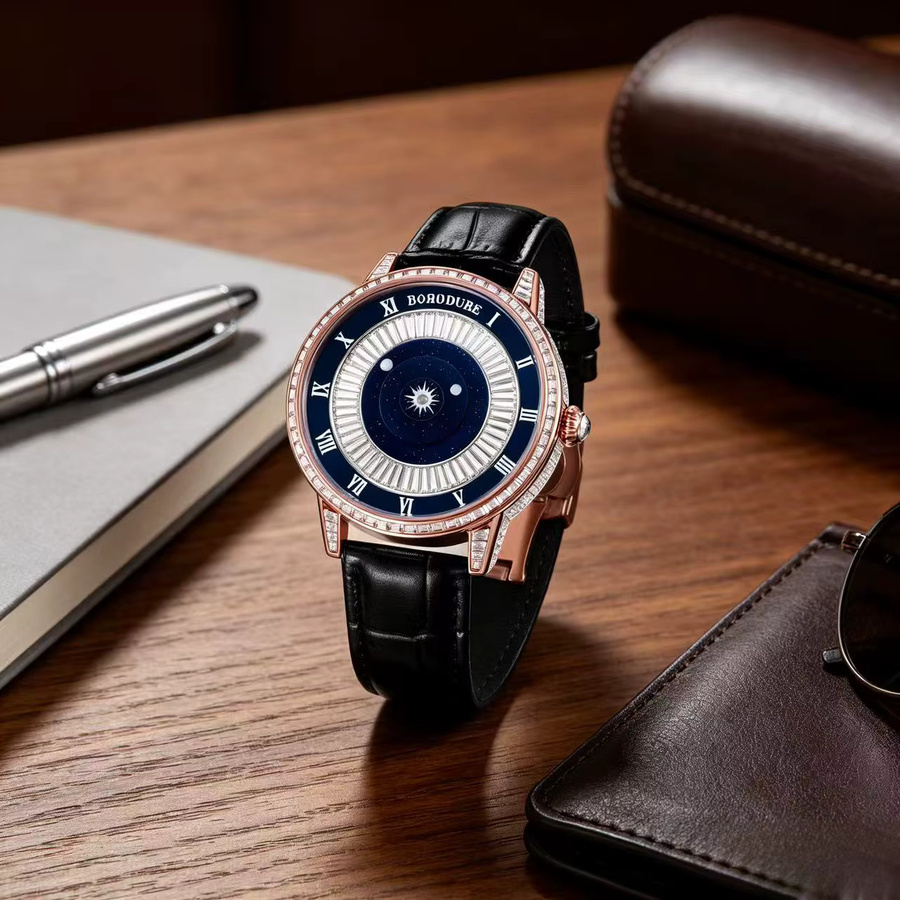 BEWELL Armbanduhr Automatik, Edelstahl, Roségold, Leder, Blau, Herren - Bild 4