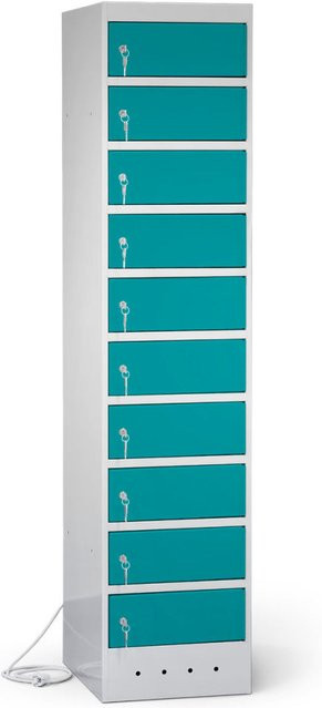 rotstahl Laptopschrank mit 10 Fächern in Türkis und lichtgrauem Korpus, B: 40 cm, H: 180 cm - Bild 1