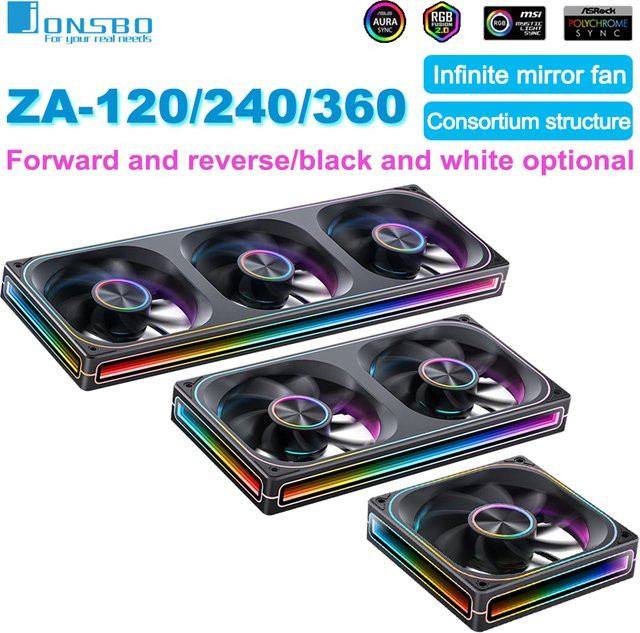 Jonsbo ZA-120/240/360 Gehäuselüfter mit ARGB und vierseitiger Spiegelkombinationsstruktur in Schwarz oder Transparent - Bild 1