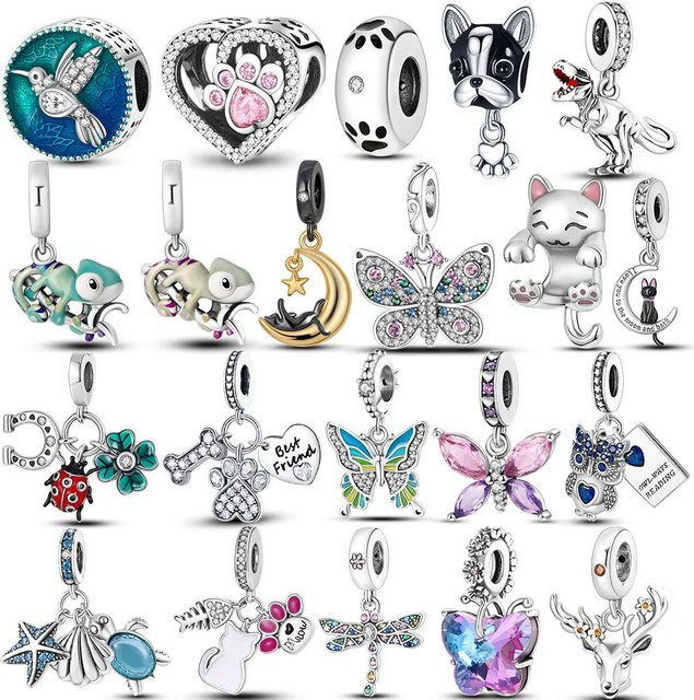 Animal Collection Charms, versilberte französische Bulldogge, Katze, Schmetterling, Marienkäfer, Perlen - Bild 1