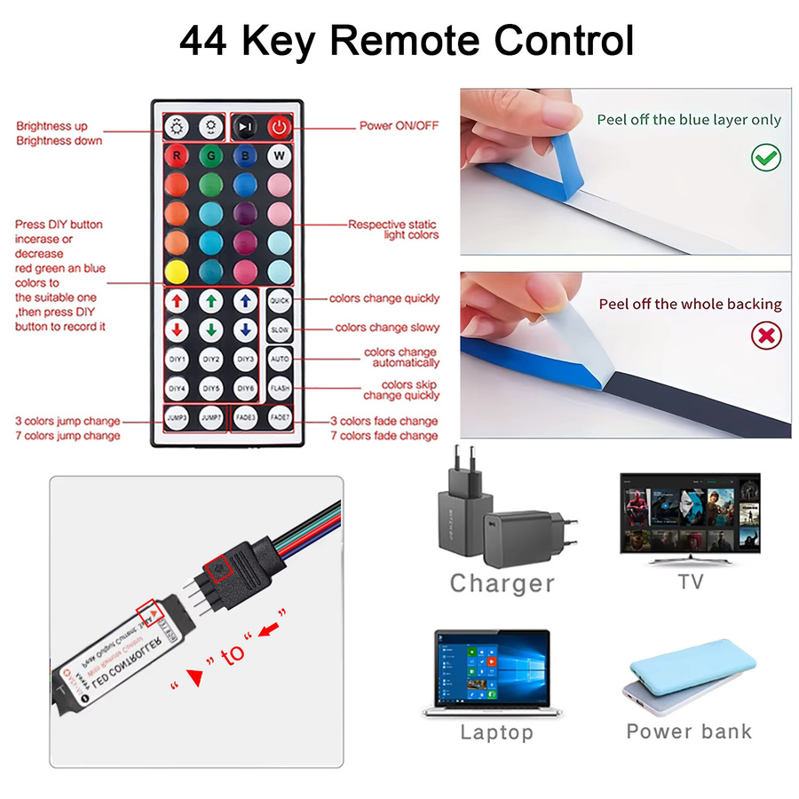 Mikenoon RGB LED-Streifen mit 44-Tasten-Fernbedienung zur TV-Hintergrundbeleuchtung und Dekoration in Multicolour - Bild 3