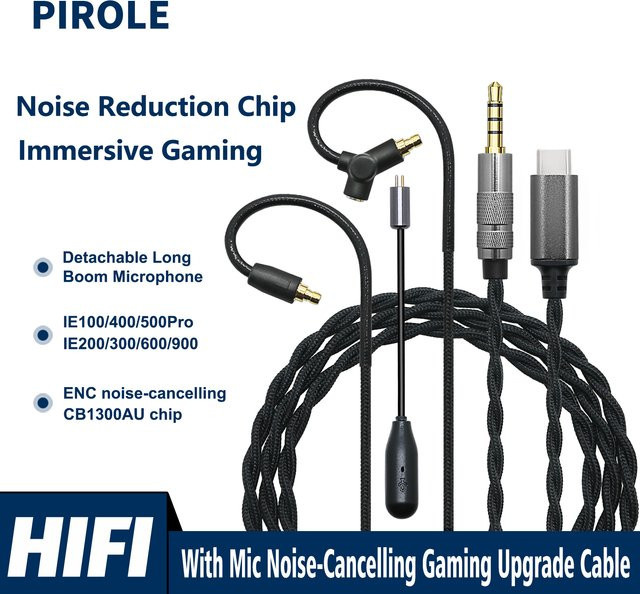 Pirole Ersatzkabel mit Mikrofon und Geräuschunterdrückung, 32-Bit Typ-C auf 3,5 mm Klinke, Schwarz, kompatibel mit IE100 400 500Pro IE200 300 600 900 sowie iPhone und Xiaomi - Bild 1