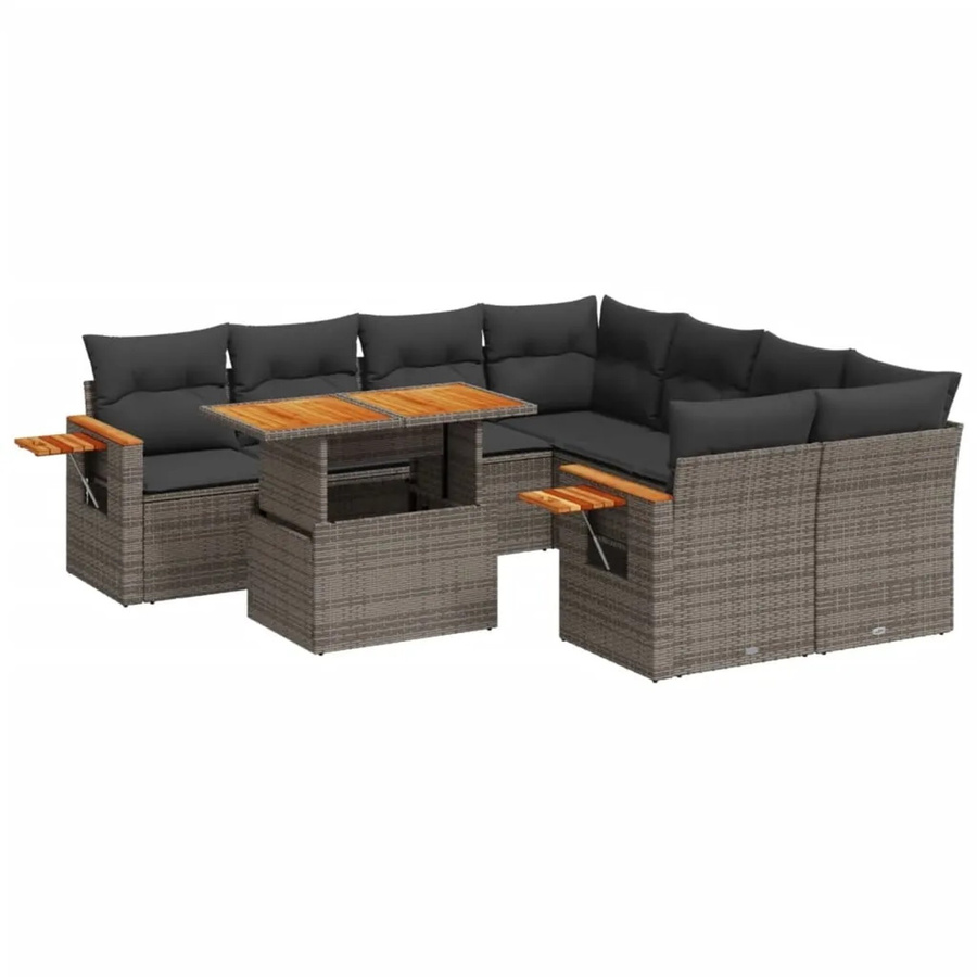 vidaXL 9-tlg. Garten-Sofagarnitur in L-Form aus grauem Poly-Rattan mit Kissen und Akazienholz - Bild 2