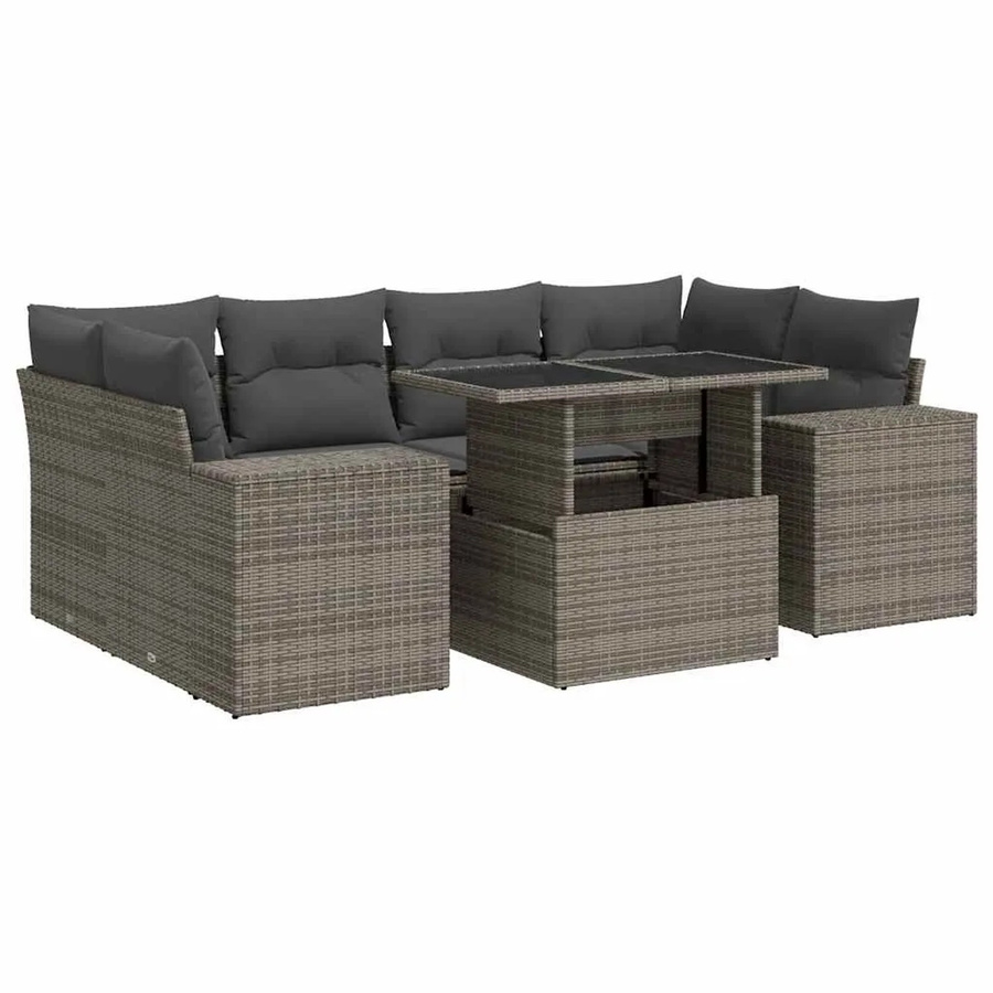 vidaXL 7-teilige Garten-Sofagarnitur in L-Form aus Polyrattan in Grau mit Kissen und Armlehnen - Bild 2