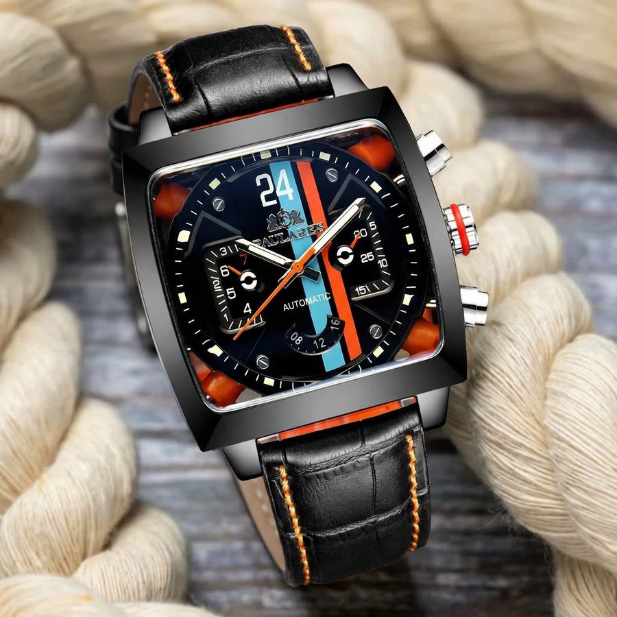 CILOA Armbanduhr Tonneau, Quarz, Schwarz, Edelstahl, Leder, Herren - Bild 2