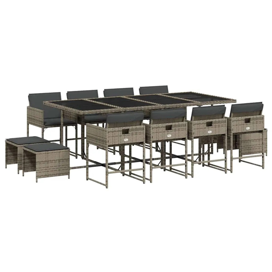 vidaXL 13-teilige Garten-Essgruppe aus Poly-Rattan in Grau mit Kissen und Hartglasplatte - Bild 2