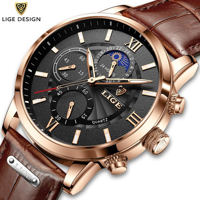 LIGE Armbanduhr Quarz, Leder, Schwarz, Herren - Bild 1
