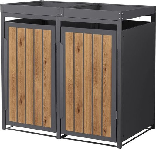 ML-Design Mülltonnenbox mit Pflanzdach für 2 Mülltonnen bis 240 Liter aus Stahl in Anthrazit-Holzoptik, B/T/H: 132 x 80 x 124 cm - Bild 1