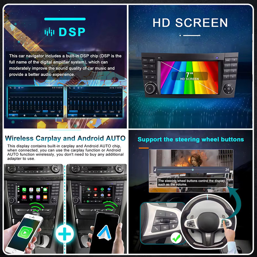 Naviunit Android 15 Autoradio mit 7 Zoll Bildschirm für Mercedes Benz E-Klasse W211 (2002-2008), Wireless CarPlay, Bluetooth, WiFi und 4G, Farbe: Schwarz - Bild 4
