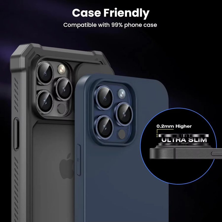 Set aus 2-3 Metall-Kameraobjektiv-Schutzabdeckungen aus gehärtetem Glas für Apple iPhone 15, 15 Plus, 16 Pro Max und 16 Plus in Schwarz und Blau - Bild 3