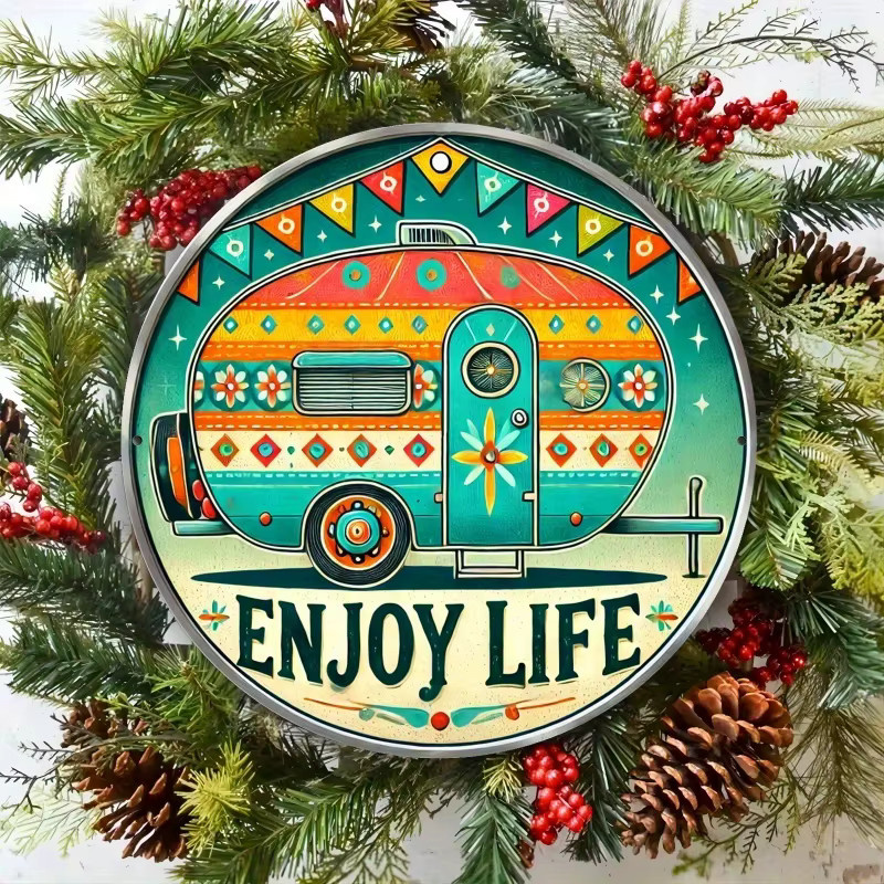 Potdemiel Retro Vintage Camper Van Aluminium Wandkunstschild Genießen Sie das Leben in Mehrfarbig mit geometrischen Mustern B/H: 20 x 20 cm - Bild 5