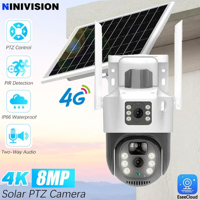 NINIVISION 4K 8MP Dual-Objektiv Solar 4G SIM-Karten PTZ-Kamera, batteriebetriebene IP-Kamera mit PIR-Bewegungserkennung in Weiß - Bild 1