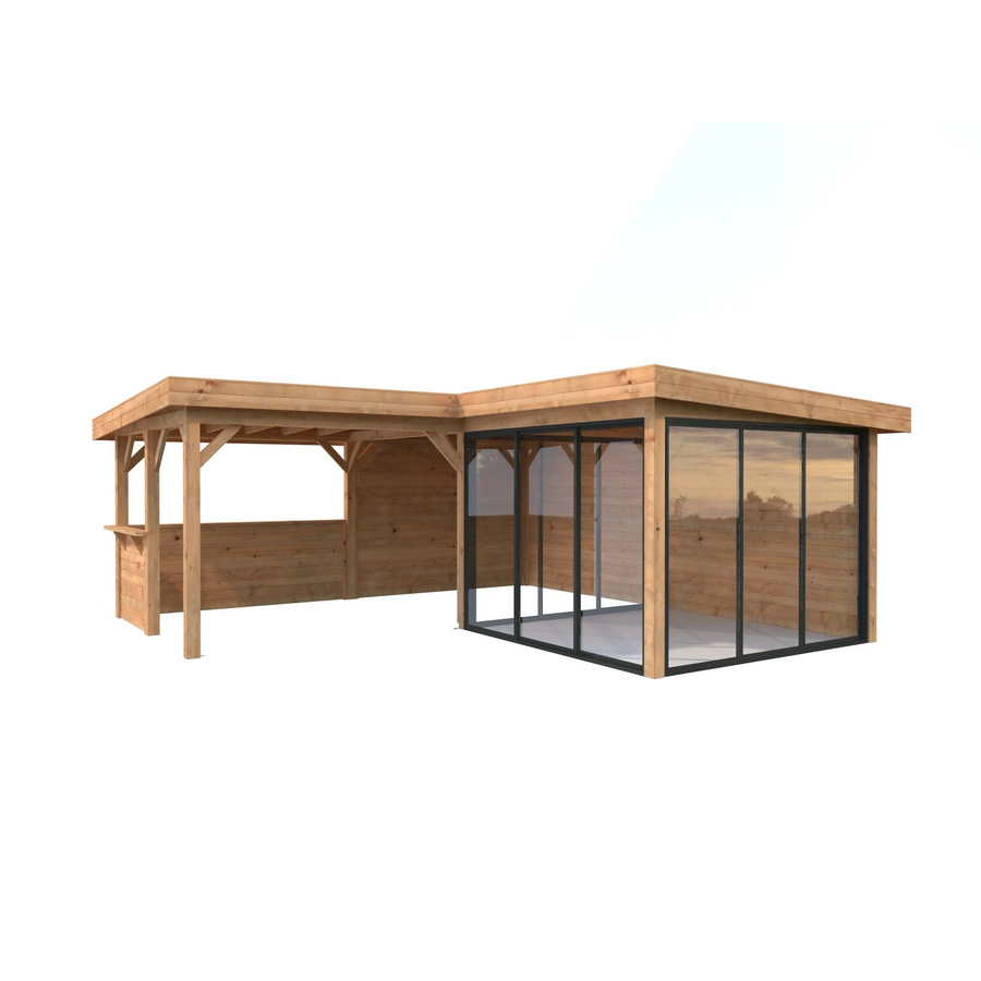 PALMAKO Pavillon Lenna Set 410 Slide aus Fichtenholz in Braun mit Alu-Schiebetüren und Flachdach, B/T/H: 588 x 588 x 245 cm - Bild 3