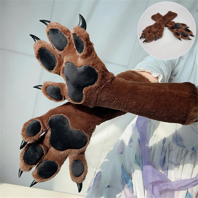 YIRAN Fursuit Pfotenhandschuhe, 1 Paar, braun, mit Quietscher, mit Harz-Krallen & Plüsch-Polstern - Bild 1