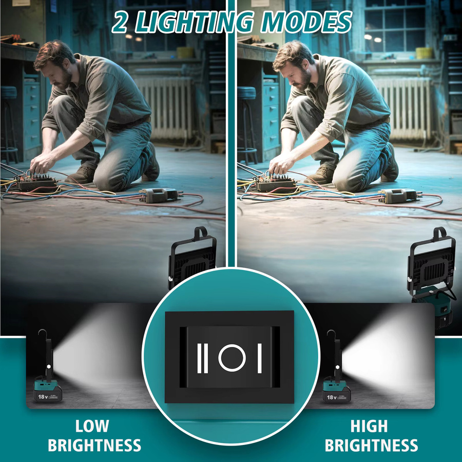 T-SUNRISE Tragbares 60-W LED-Arbeitslicht in Schwarz mit 6000 Lumen, verstellbarer Basis und Haken, wiederaufladbares LED-Flutlicht für Makita 18V-20V Li-Ionen-Akkus - Bild 4