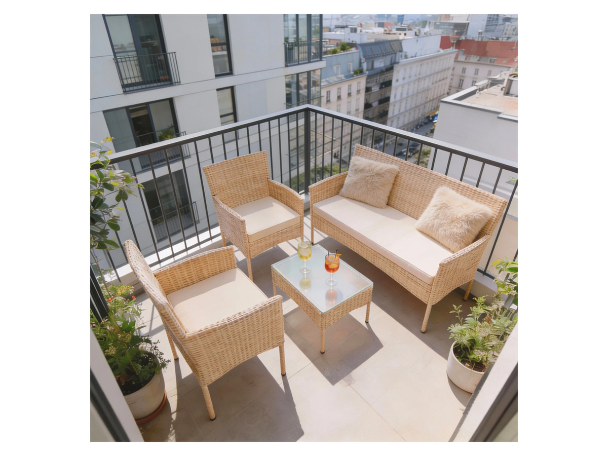 Juskys Polyrattan Gartenmöbel-Set Fort Myers in Creme mit Tisch, Sofa, 2 Sesseln und Auflagen in Sand - Bild 2