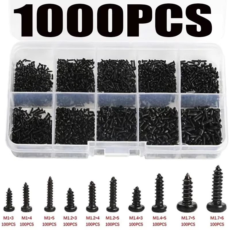 1000 Stück selbstschneidende Nylon-Schrauben in Schwarz, kleine Phillips-Flachkopf-Schrauben für Laptop und Computer (M1, M2, M1,4, M1,7) - Bild 3