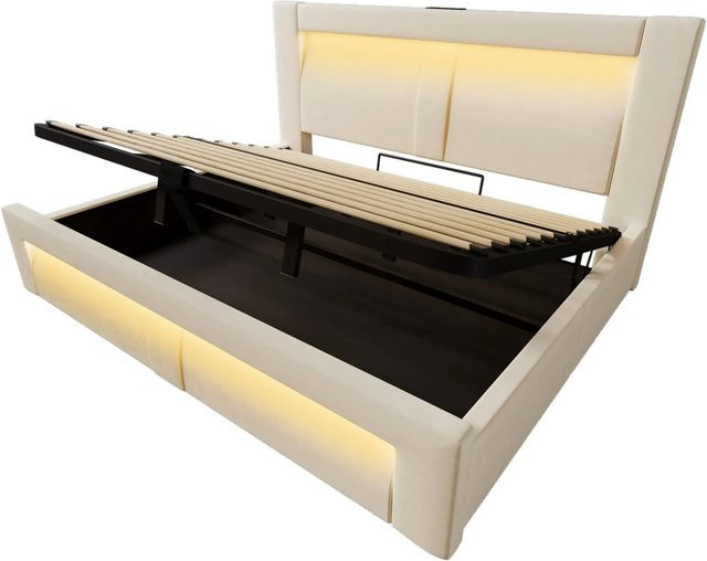 okwish Einzelbett Beige mit LED-Beleuchtung, USB-Ladeport und Nachttischregal, B/T/H: 180 x 200 x 107 cm - Bild 1