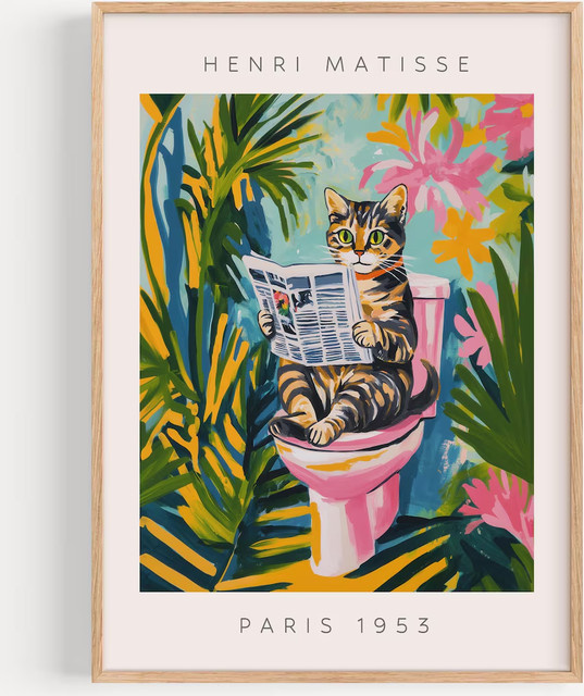 Matisse-Stil Poster mit Tabby-Katze auf der Toilette in Rosa und Multicolour, Lustige Badezimmer-Wandkunst mit tropischem Blumenmuster von SHENCHEN - Bild 1