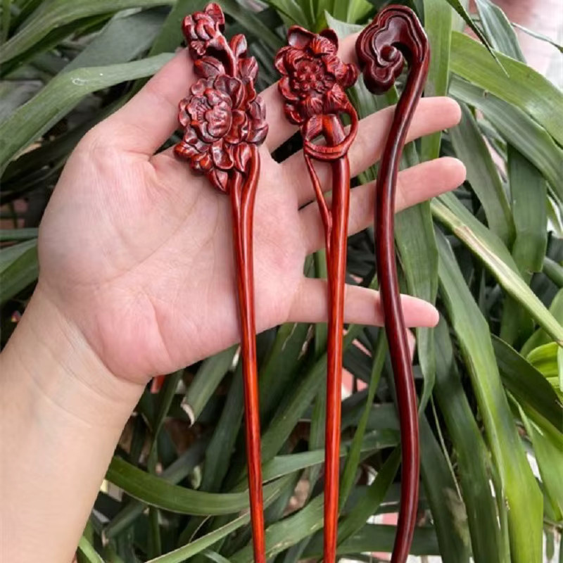 Haarnadel Rotes Sandelholz, Blumen Gravur, Damen - Bild 1