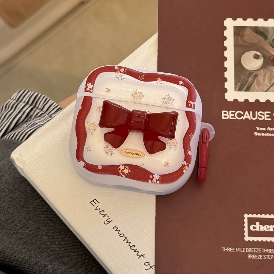 Schutzhülle für Apple AirPods und AirPods Pro mit 3D Cartoon Rote Schleife und Floral Welle Design in Rot inklusive Haken - Bild 5